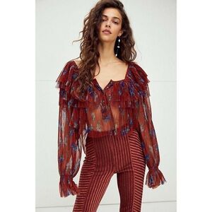NEW FREE PEOPLE Sz M FRILLS AND THRILLS CRINKLY PRINTED RUFFLED TOP